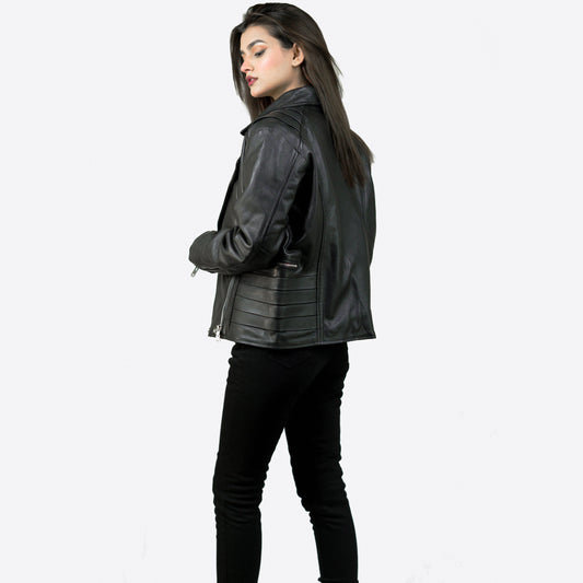 Black Leather Biker Jacket w/ Notch Collar - Aida