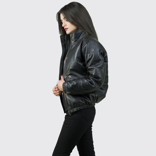 Luxurious Puffer Leather Jacket w/ Stand Collar - RenΓ©e