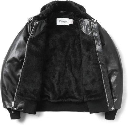 Men's Black A-2 Leather Jacket w/ Faux Shearling - Marco