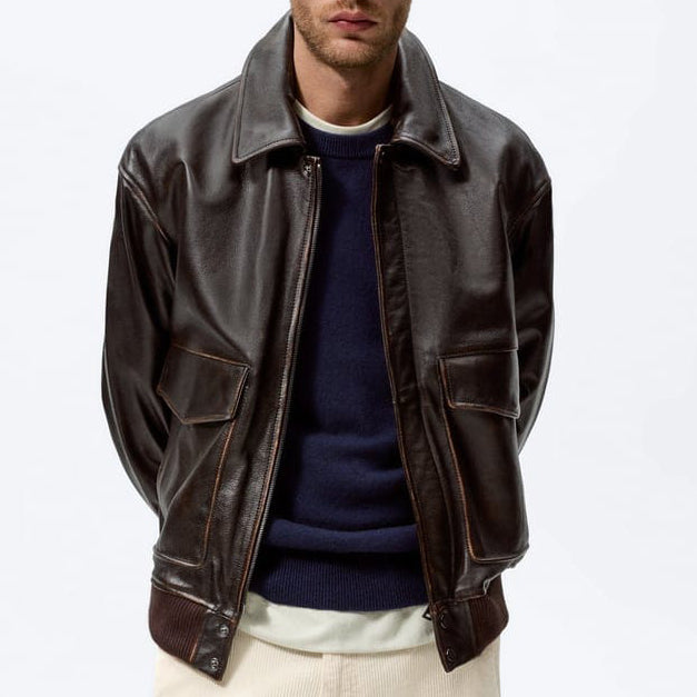 Brown Classic Collared Leather Jacket - Rocco