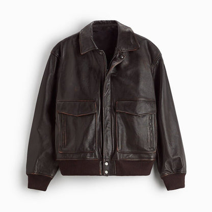 Brown Classic Collared Leather Jacket - Rocco