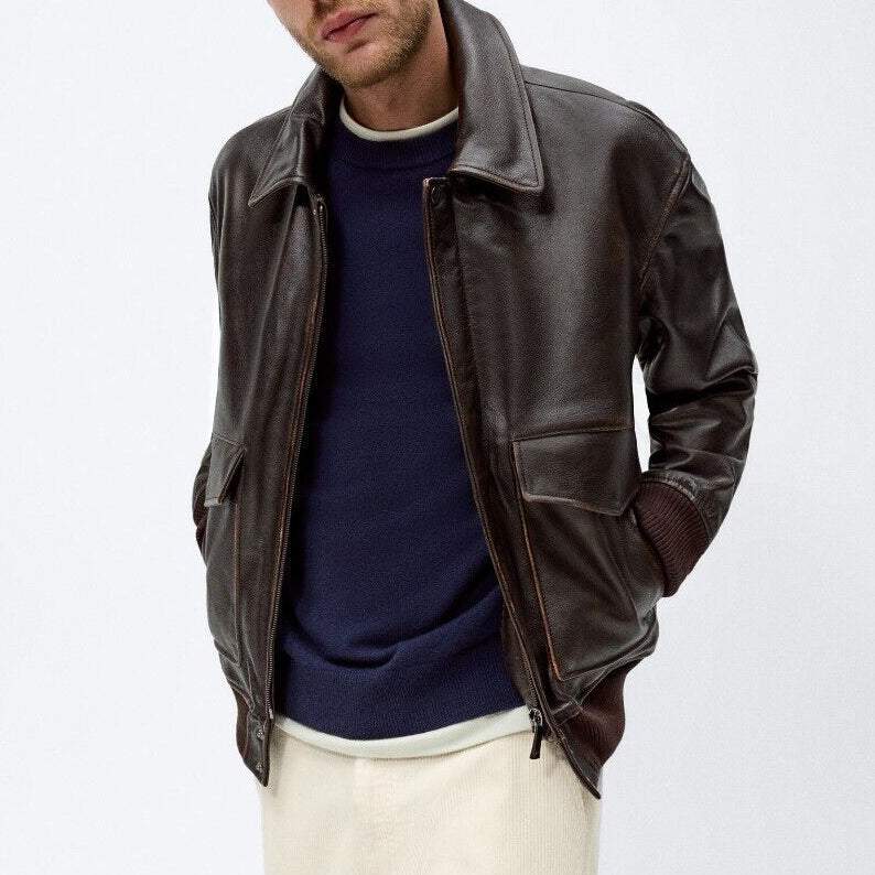 Brown Classic Collared Leather Jacket - Rocco