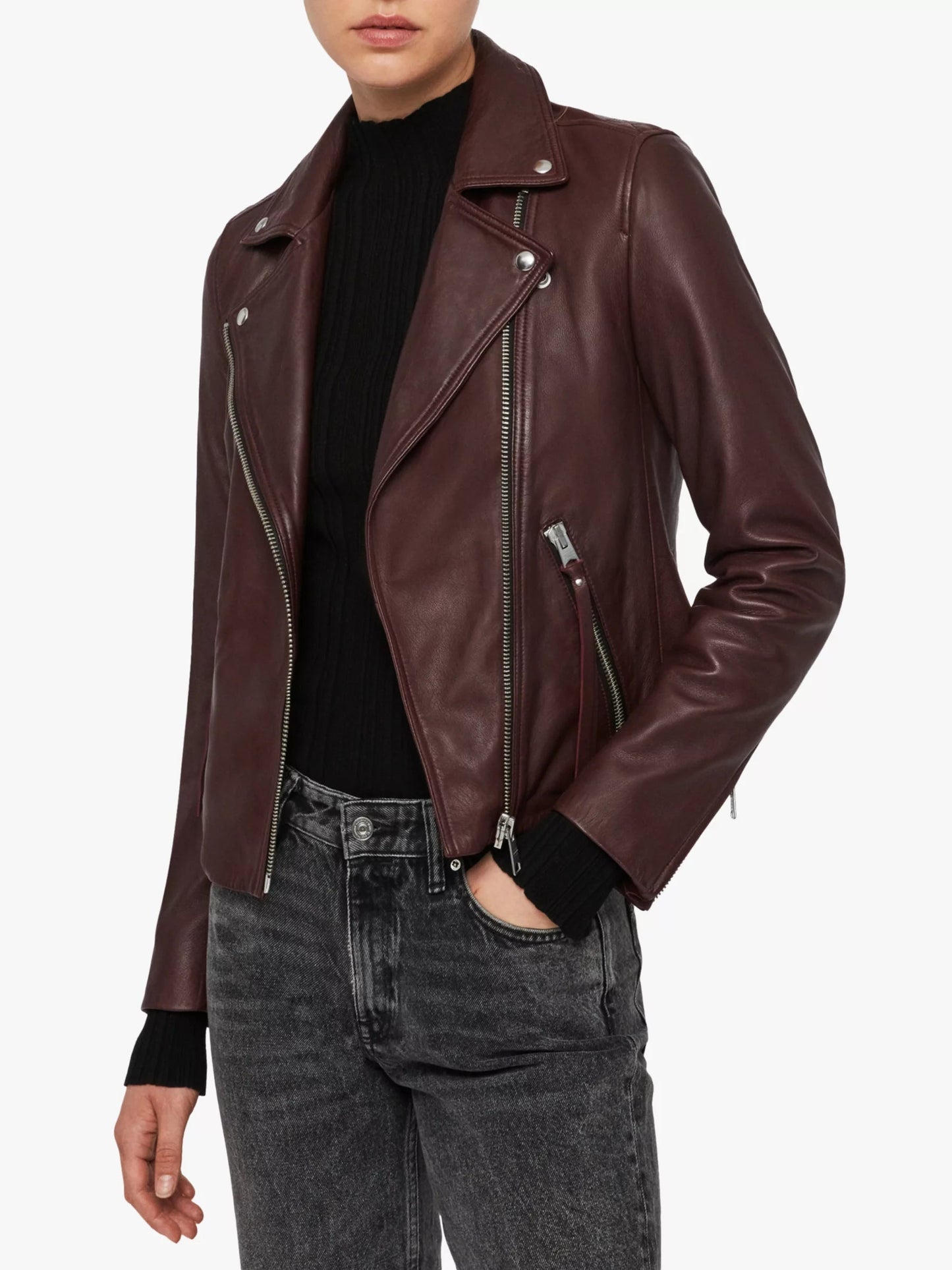 Brown Supple Leather Biker Jacket w/ Notch Collar - Ilaria