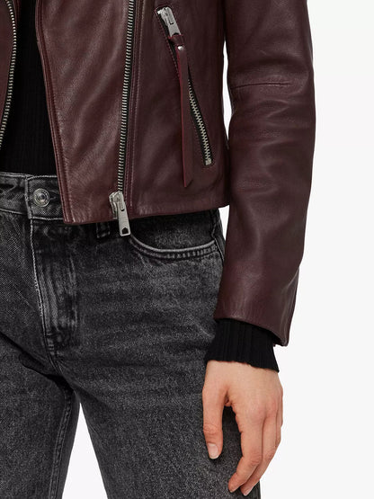 Brown Supple Leather Biker Jacket w/ Notch Collar - Ilaria