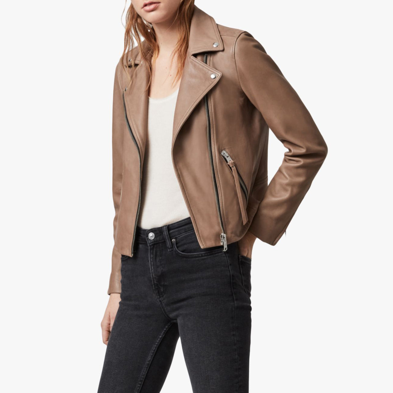 Light Tan Leather Biker Jacket w/ Notch Collar - Aurora