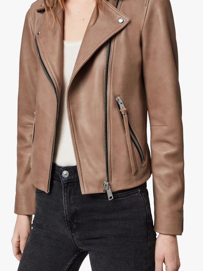 Light Tan Leather Biker Jacket w/ Notch Collar - Aurora