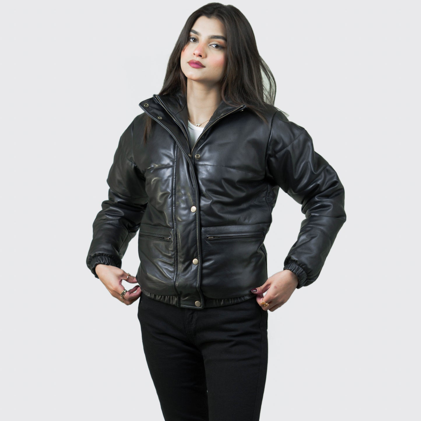 Luxurious Puffer Leather Jacket w/ Stand Collar - Renée