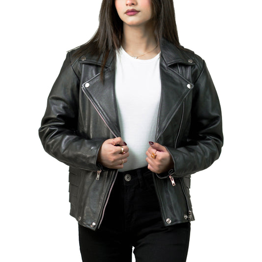 Black Leather Biker Jacket w/ Notch Collar - Aida