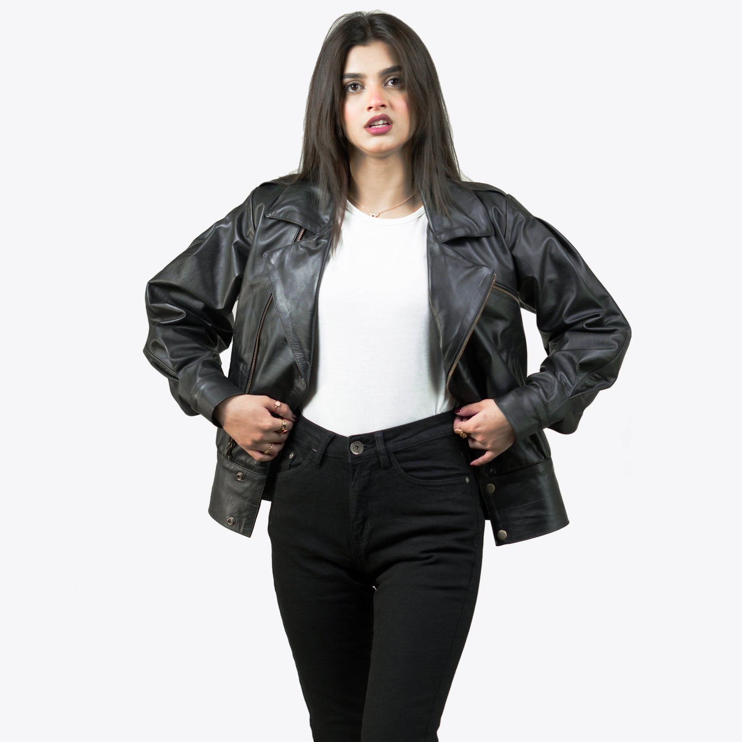 Black Biker Leather Jacket w/ Notch Collar - Lèa