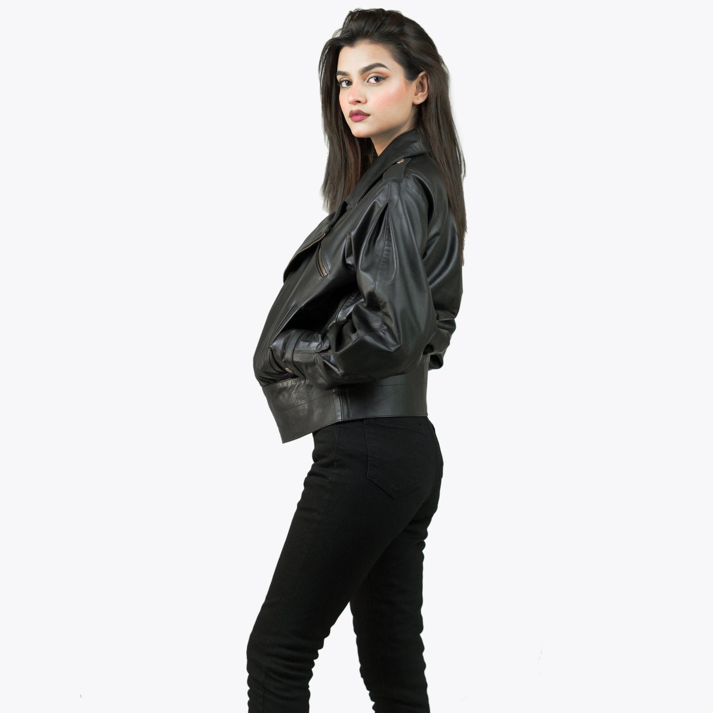 Black Biker Leather Jacket w/ Notch Collar - Lèa