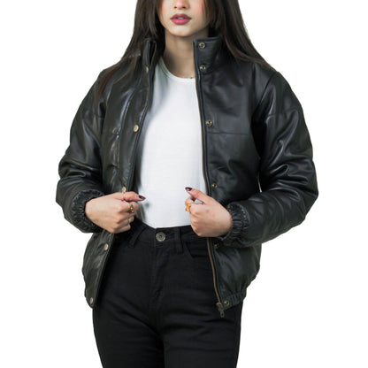 Luxurious Puffer Leather Jacket w/ Stand Collar - Renée