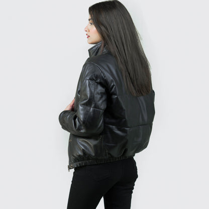 Luxurious Puffer Leather Jacket w/ Stand Collar - Renée