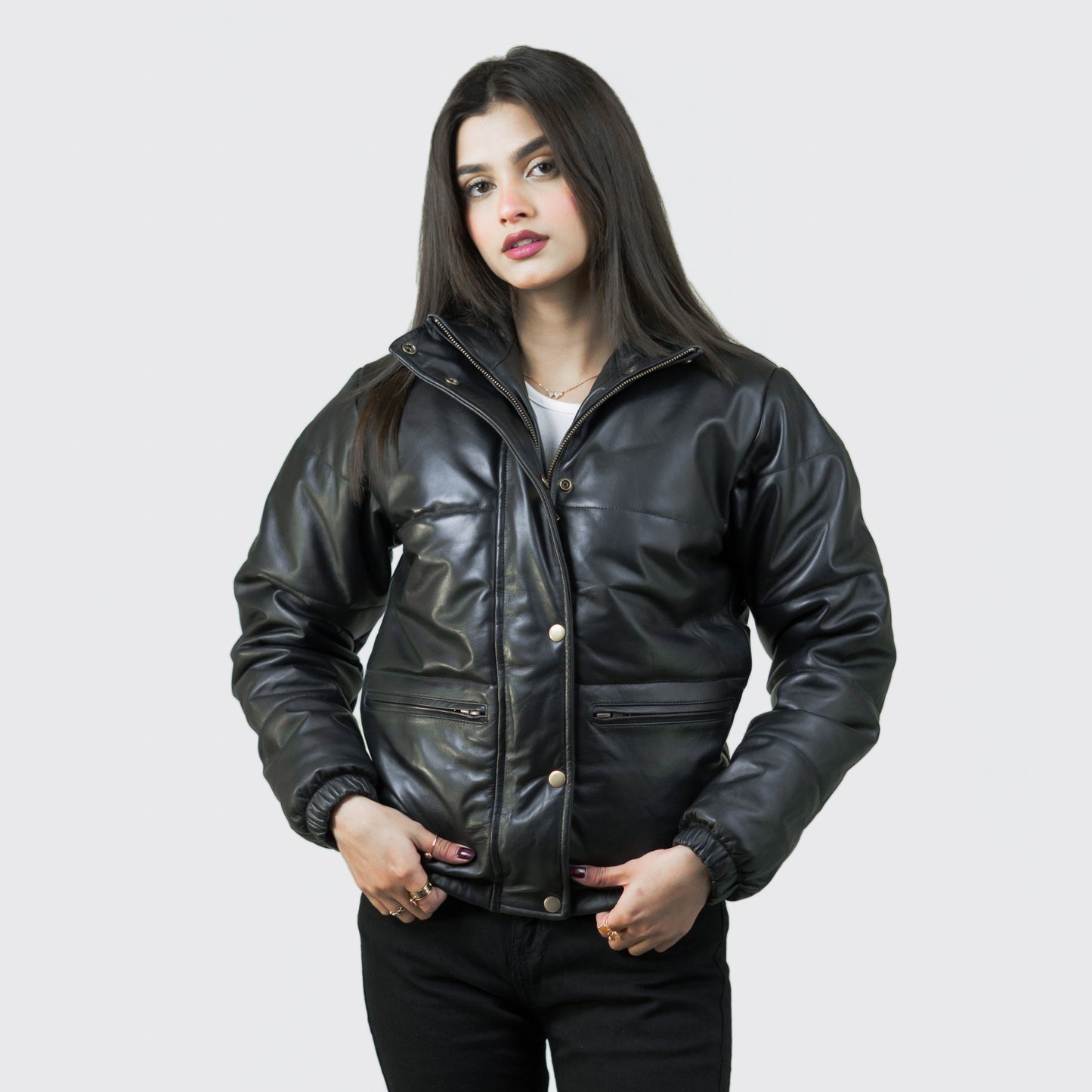 Luxurious Puffer Leather Jacket w/ Stand Collar - Renée