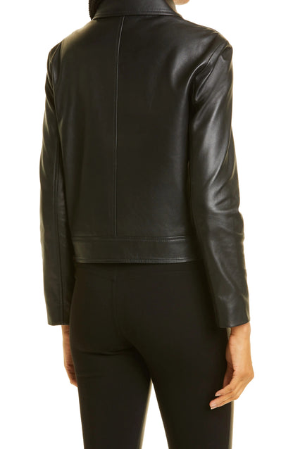 Black Bomber Leather Jacket w/ Point Collar- Elisa