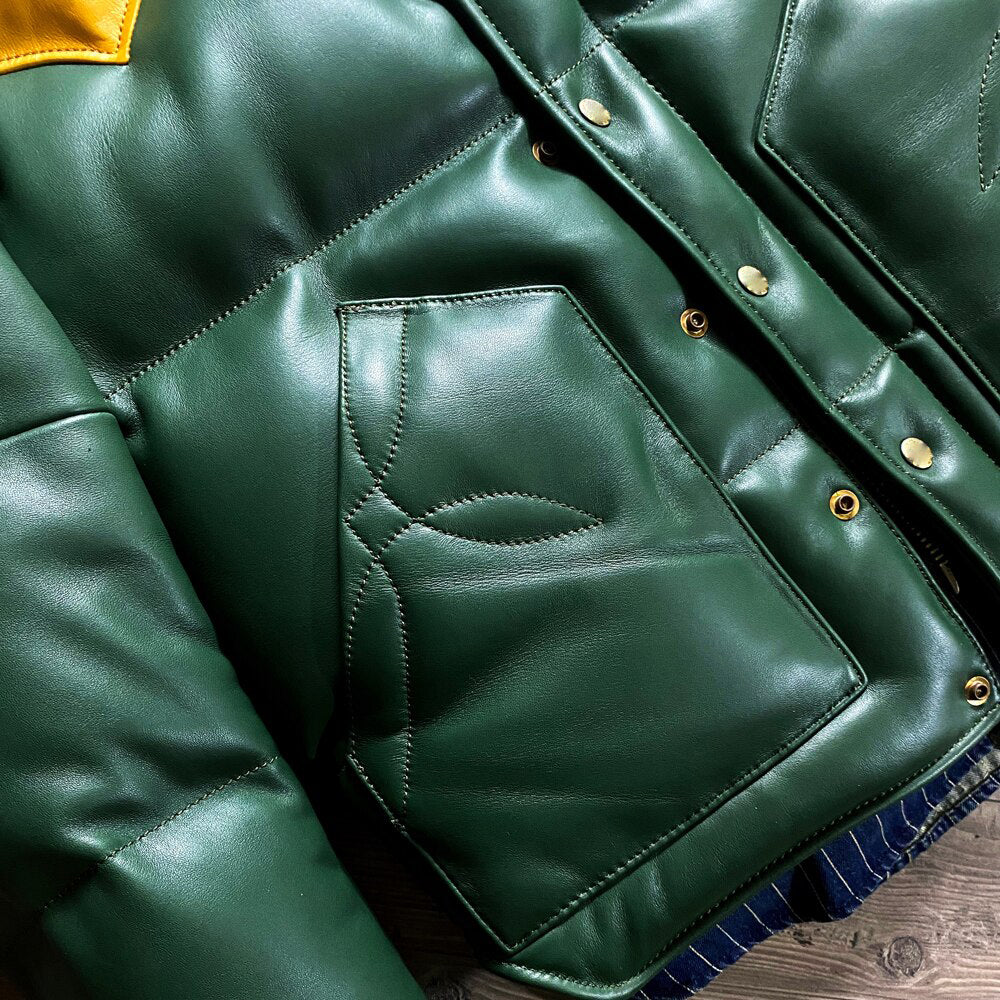Green Designer Puffer Leather Jacket - Brando