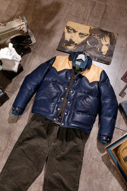 Blue Designer Puffer Leather Jacket - Brando