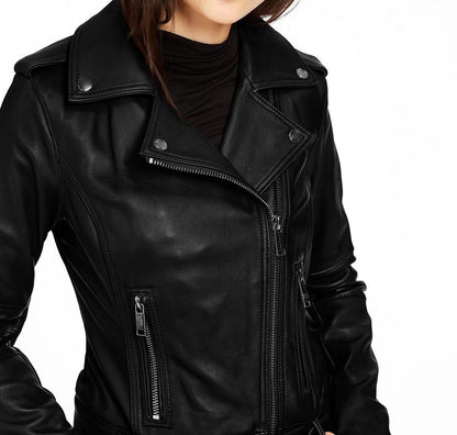 Black Waist Length Leather Biker Jacket w/ Notch Collar - Oba