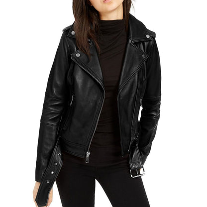 Black Waist Length Leather Biker Jacket w/ Notch Collar - Oba