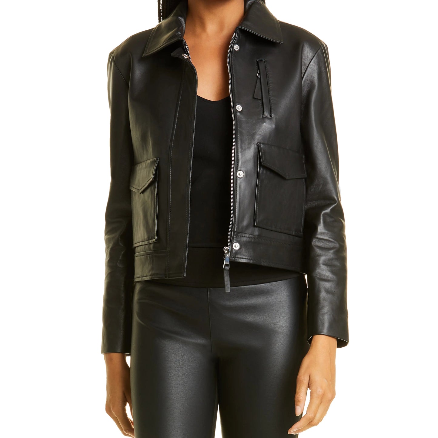 Black Bomber Leather Jacket w/ Point Collar- Elisa