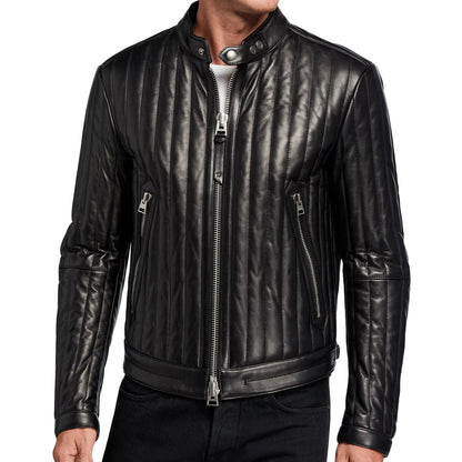 Men's Vertical Channel Leather Biker Jacket - Natanaele