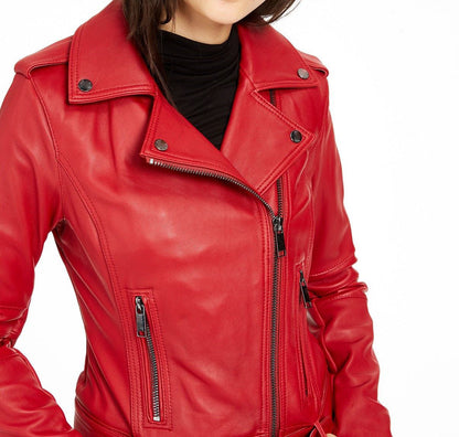 Red Waist Length Leather Biker Jacket w/ Notch Collar - Urbain