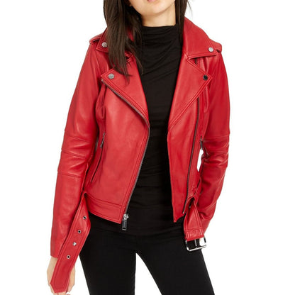 Red Waist Length Leather Biker Jacket w/ Notch Collar - Urbain