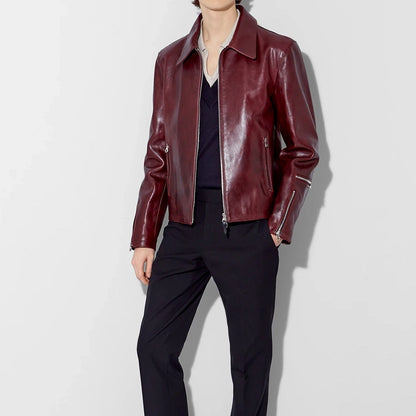 Burgundy Calfskin Biker Jacket for Men - Hugo