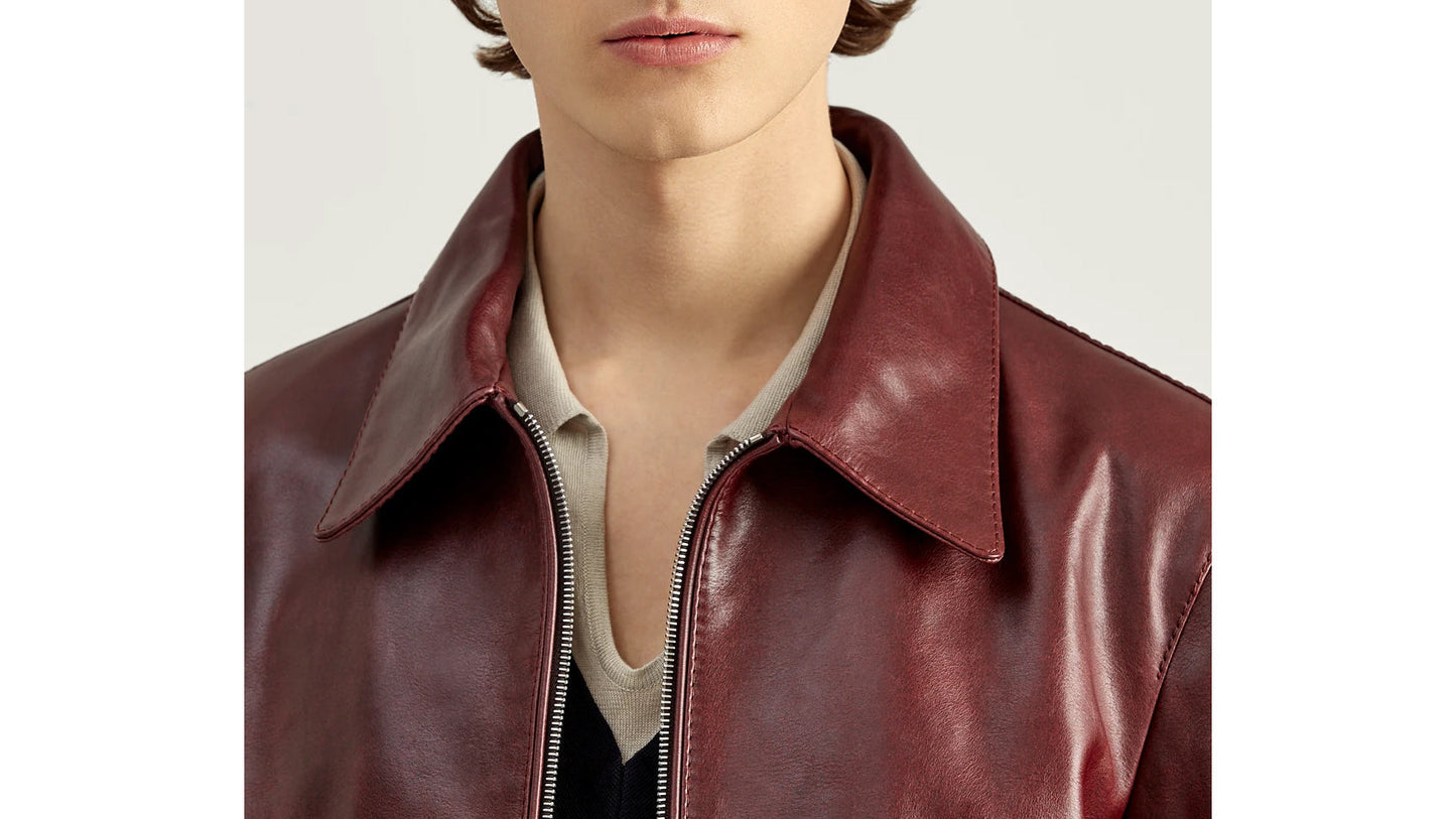 Burgundy Calfskin Biker Jacket for Men - Hugo