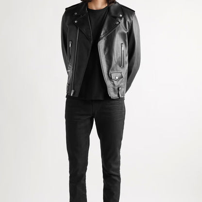 Black Biker Leather Jacket w/ Notch Collar - Gensa