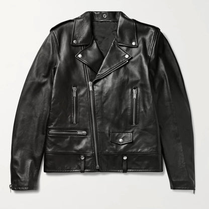 Black Biker Leather Jacket w/ Notch Collar - Gensa